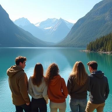 Team of travel bloggers overlooking an Alpine lake in Austria
