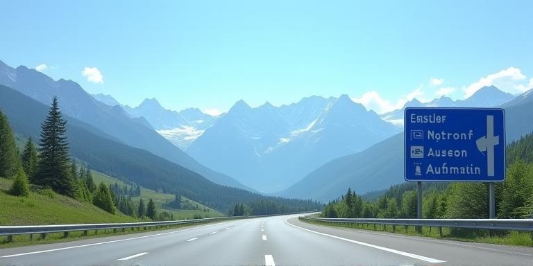 Austrian autobahn signs with panoramic mountain backdrop