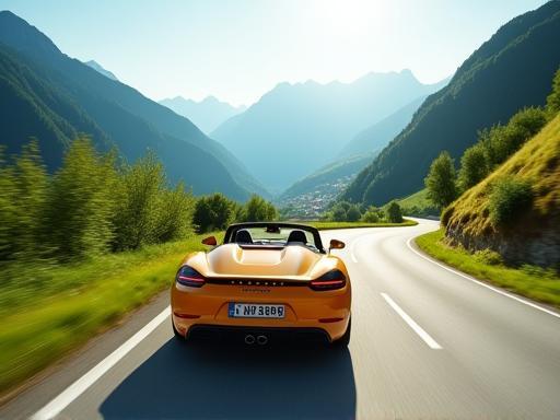 Convertible car driving a winding scenic Austrian mountain road